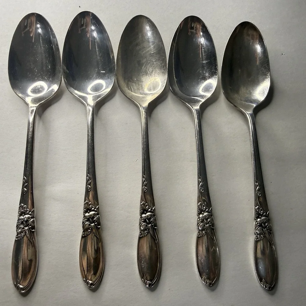 5 Oval Soup Table Spoons Oneida White Orchid Community Silver Plate Flatware